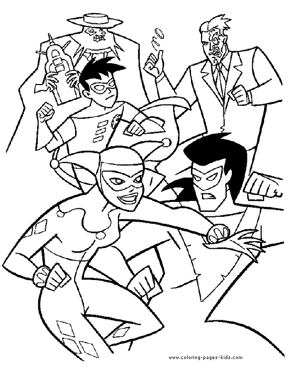 Batman, Robin and villains coloring page